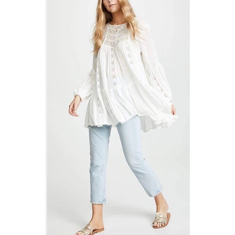 Free People Kiss Kiss Ivory Tunic Bohemian Lace Embroidered Small - Picture 13 of 13